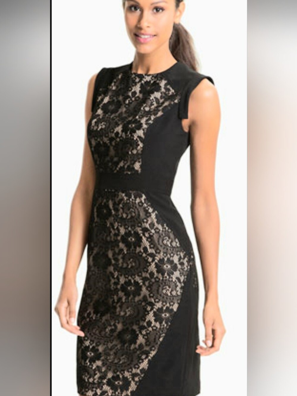 Adrianna Papell Black Lace Sheath with Nude Illusion